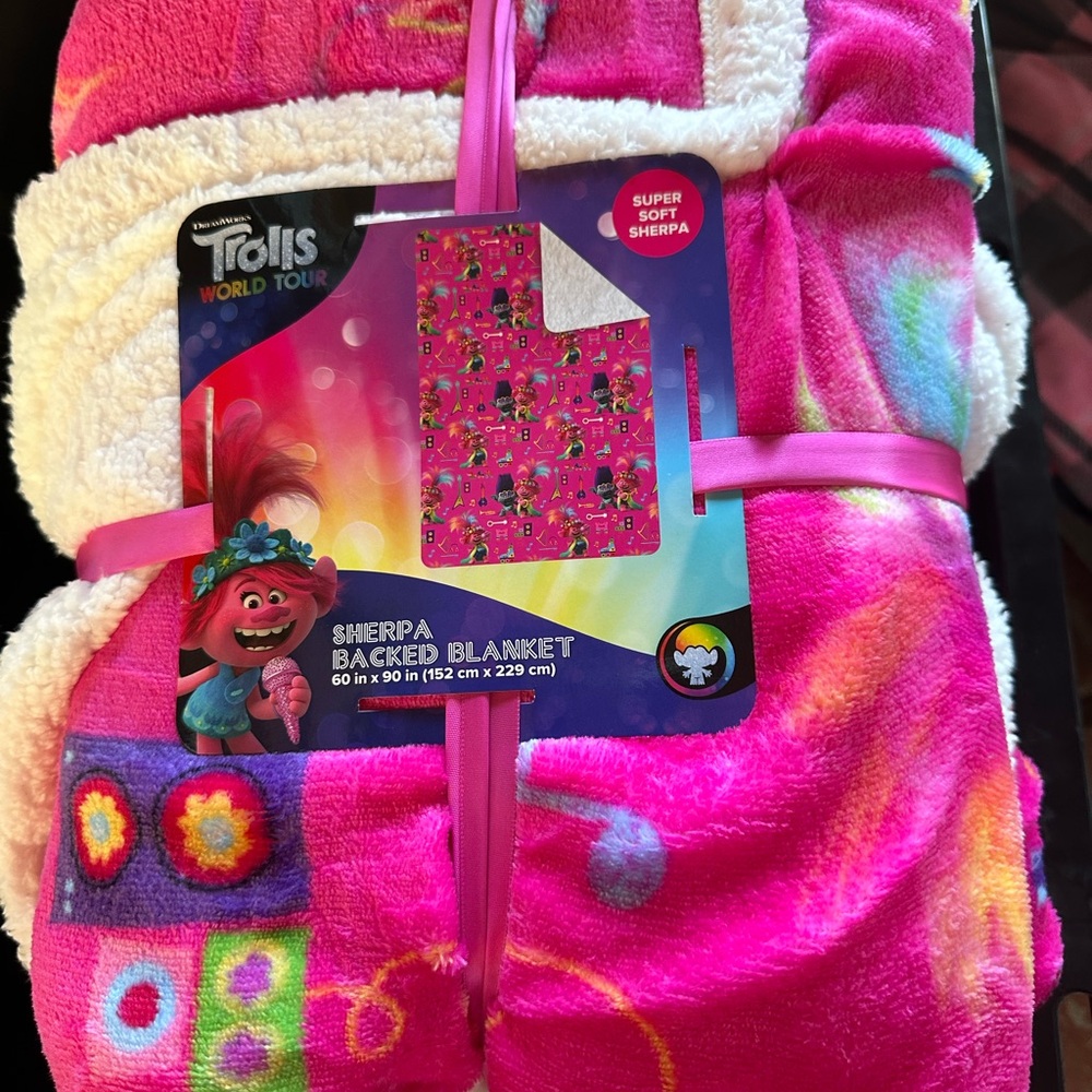 Trolls Pink Plush Sherpa Blanket with Multicolor Accents